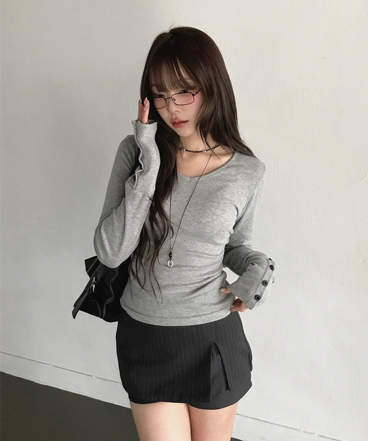 Vネックデイリー長袖Tシャツ(7color) MERANGE GRAY