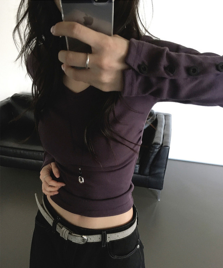 Vネックデイリー長袖Tシャツ(7color) PURPLE