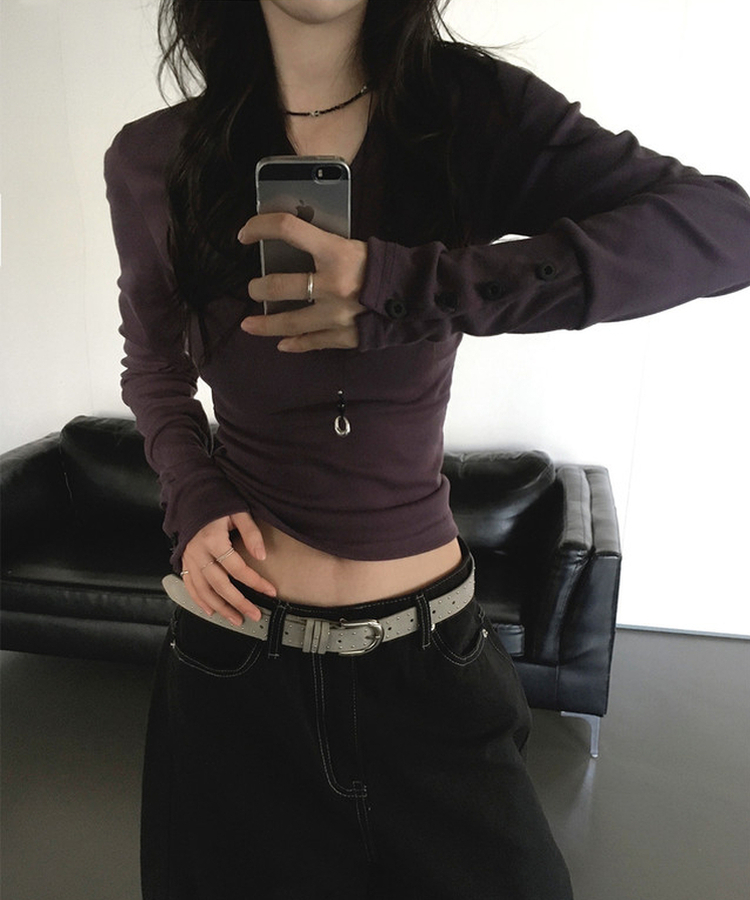 Vネックデイリー長袖Tシャツ(7color) PURPLE