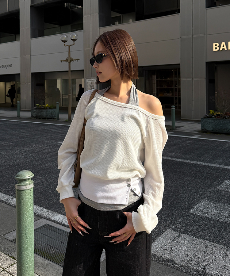 언발 홀터넥 레이어드 탑 화이트