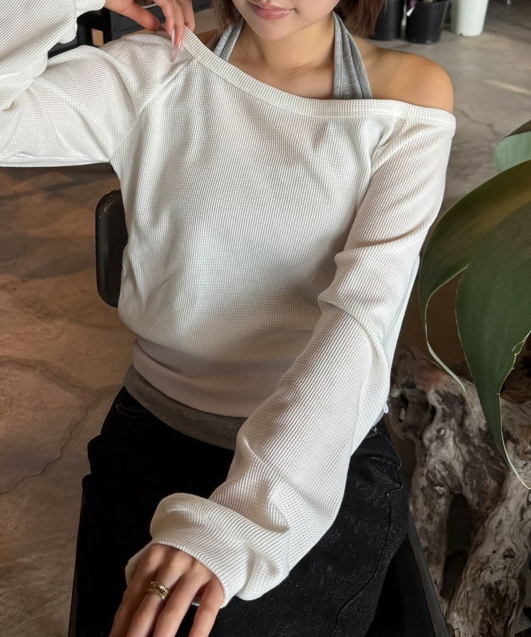 언발 홀터넥 레이어드 탑 화이트