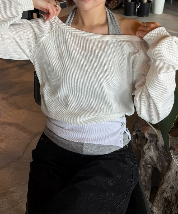 언발 홀터넥 레이어드 탑 화이트