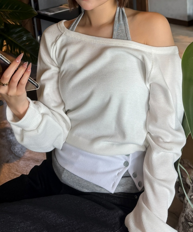 언발 홀터넥 레이어드 탑 화이트