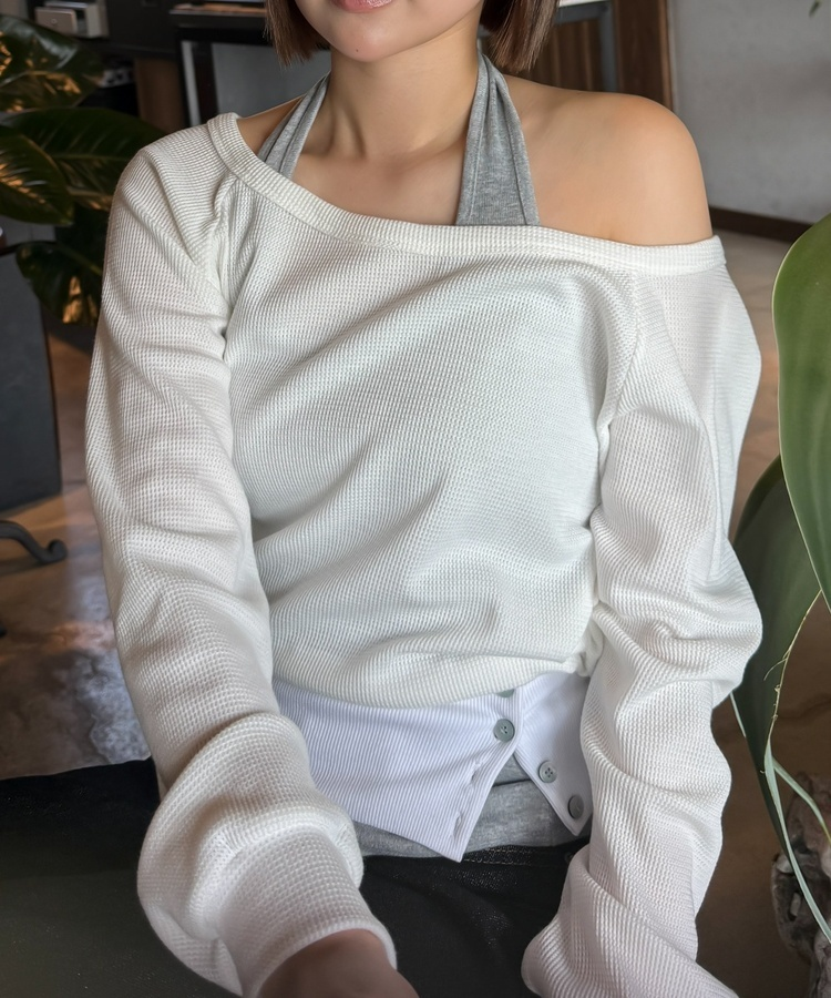 언발 홀터넥 레이어드 탑 화이트
