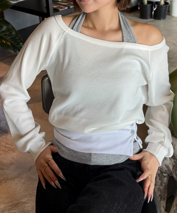 언발 홀터넥 레이어드 탑 화이트