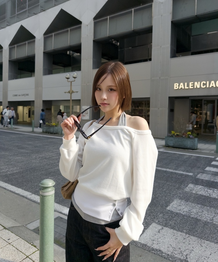 언발 홀터넥 레이어드 탑 화이트