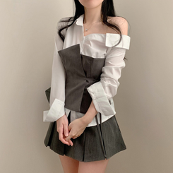 신상12쿠폰 원숄더 탑 레이어드 오프숄더 긴팔 배색 셔츠 블라우스 하객룩 봄 봄옷 그레이