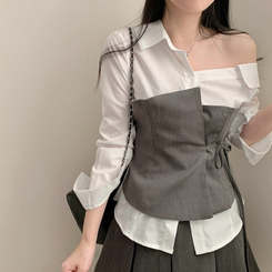 신상12쿠폰 원숄더 탑 레이어드 오프숄더 긴팔 배색 셔츠 블라우스 하객룩 봄 봄옷 그레이