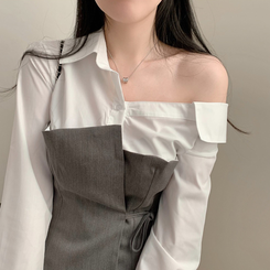 신상12쿠폰 원숄더 탑 레이어드 오프숄더 긴팔 배색 셔츠 블라우스 하객룩 봄 봄옷 그레이