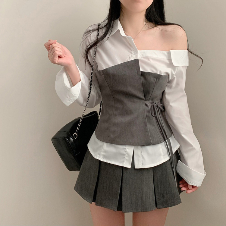 신상12쿠폰 원숄더 탑 레이어드 오프숄더 긴팔 배색 셔츠 블라우스 하객룩 봄 봄옷 그레이