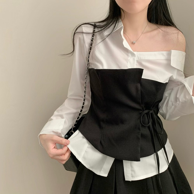 신상12쿠폰 원숄더 탑 레이어드 오프숄더 긴팔 배색 셔츠 블라우스 하객룩 봄 봄옷 블랙