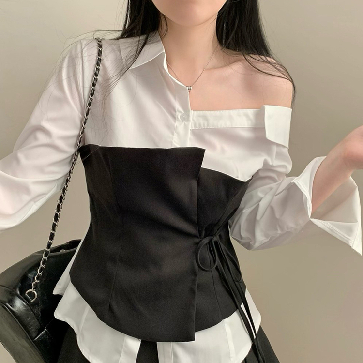 신상12쿠폰 원숄더 탑 레이어드 오프숄더 긴팔 배색 셔츠 블라우스 하객룩 봄 봄옷 블랙
