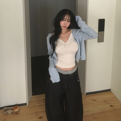 スリムニットクロップカーディガン(5color) SKY BLUE