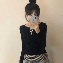 レイヤードストライプTシャツ BLACK