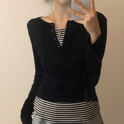 レイヤードストライプTシャツ BLACK