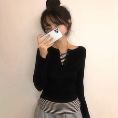 レイヤードストライプTシャツ BLACK