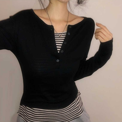 レイヤードストライプTシャツ BLACK