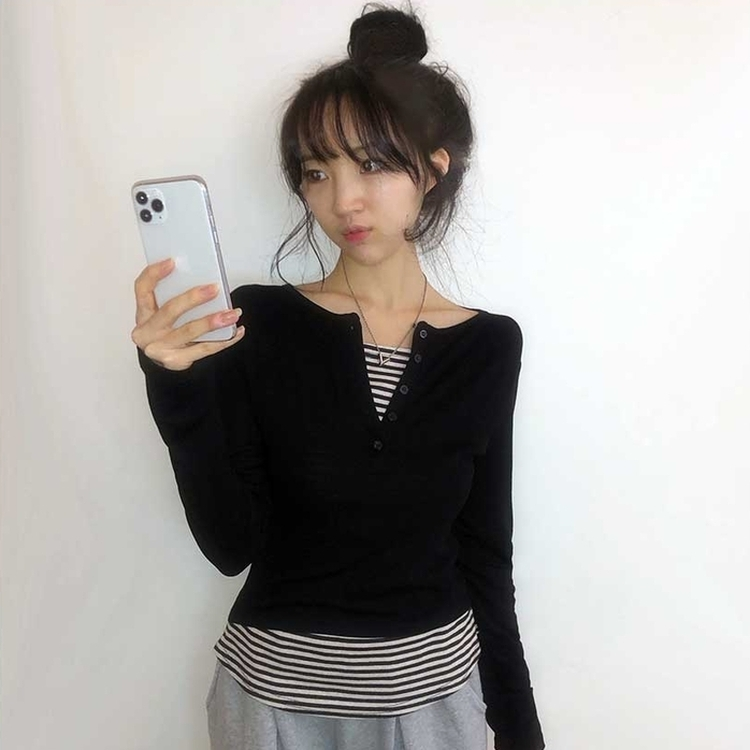 レイヤードストライプTシャツ BLACK