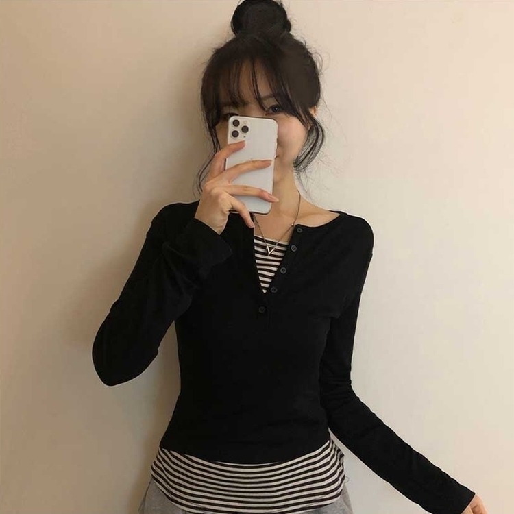 レイヤードストライプTシャツ BLACK