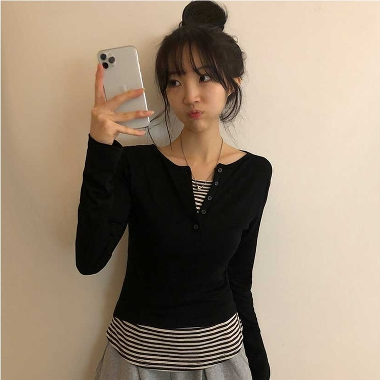 レイヤードストライプTシャツ BLACK