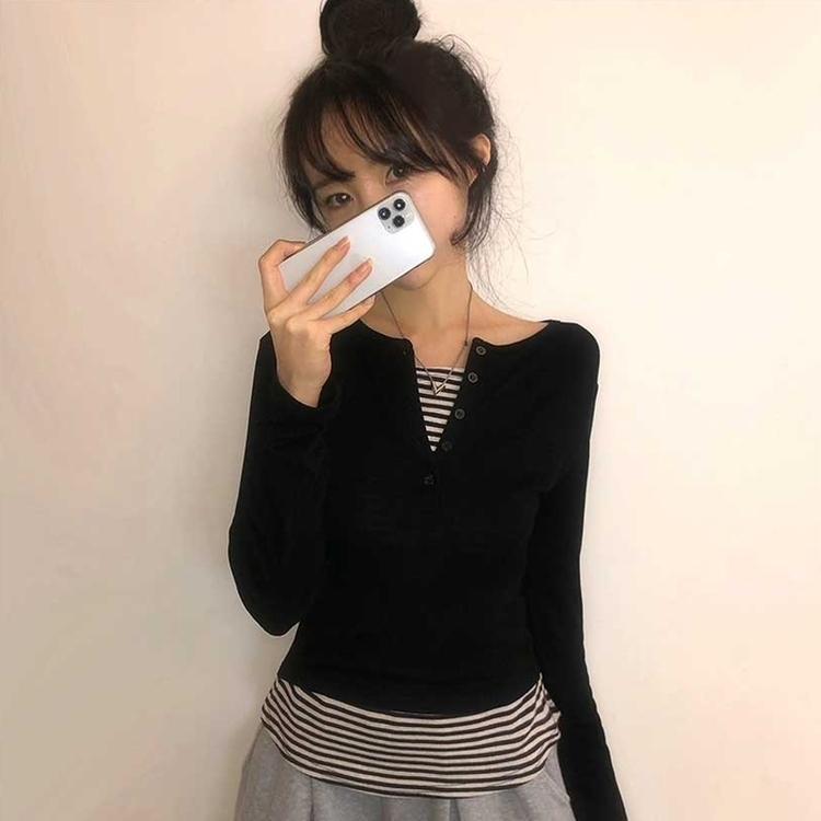 レイヤードストライプTシャツ BLACK