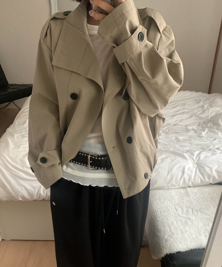 ハイネックバックルトレンチクロップジャケット KHAKI BEIGE