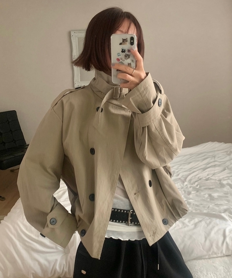 ハイネックバックルトレンチクロップジャケット KHAKI BEIGE