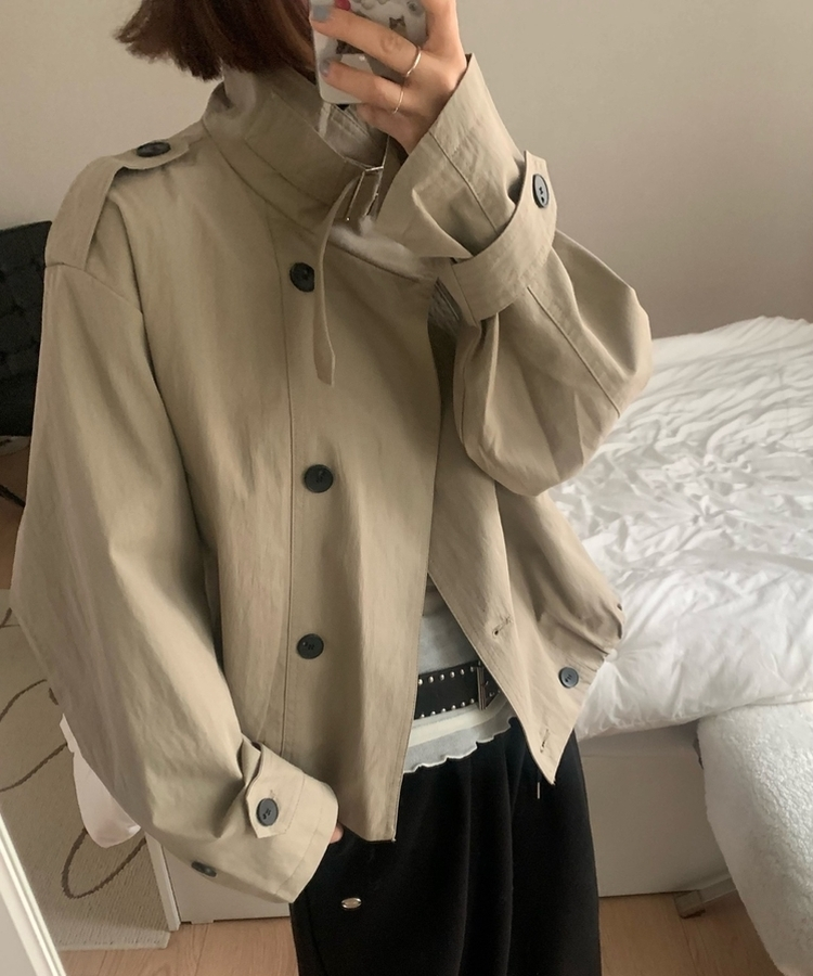 ハイネックバックルトレンチクロップジャケット KHAKI BEIGE