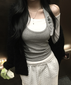 【SET】ボタンホルターキャミソール オフ長袖Tシャツ GRAY + IVORY