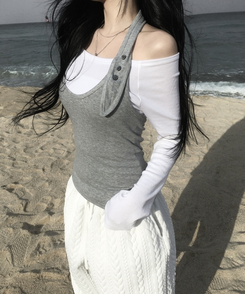 【SET】ボタンホルターキャミソール オフ長袖Tシャツ GRAY + IVORY