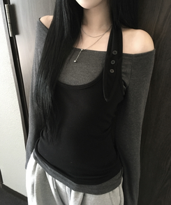 【SET】ボタンホルターキャミソール オフ長袖Tシャツ BLACK+CHARCOAL