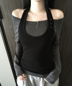 【SET】ボタンホルターキャミソール オフ長袖Tシャツ BLACK+CHARCOAL