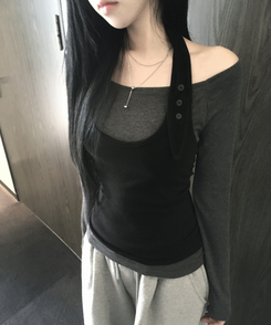 【SET】ボタンホルターキャミソール オフ長袖Tシャツ BLACK+CHARCOAL