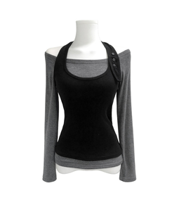 【SET】ボタンホルターキャミソール オフ長袖Tシャツ