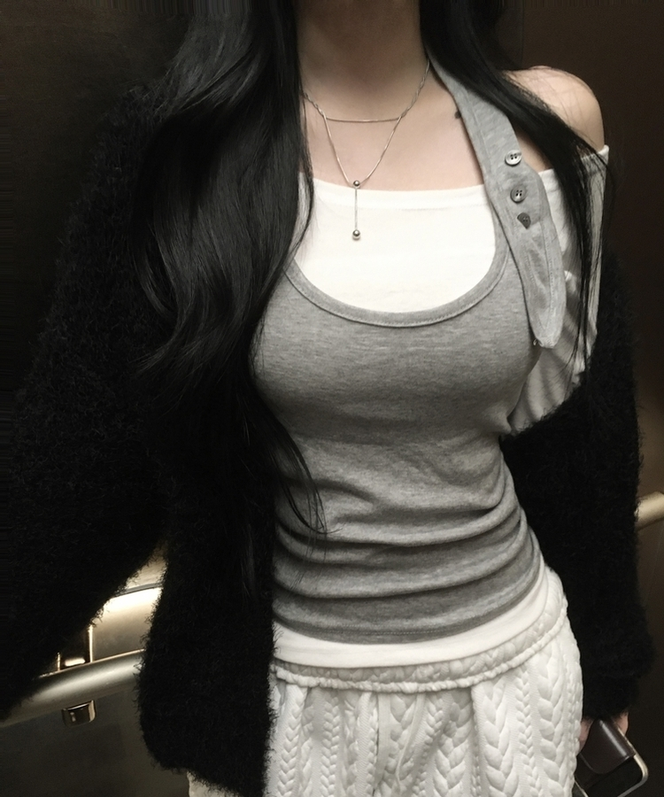 【SET】ボタンホルターキャミソール オフ長袖Tシャツ GRAY + IVORY