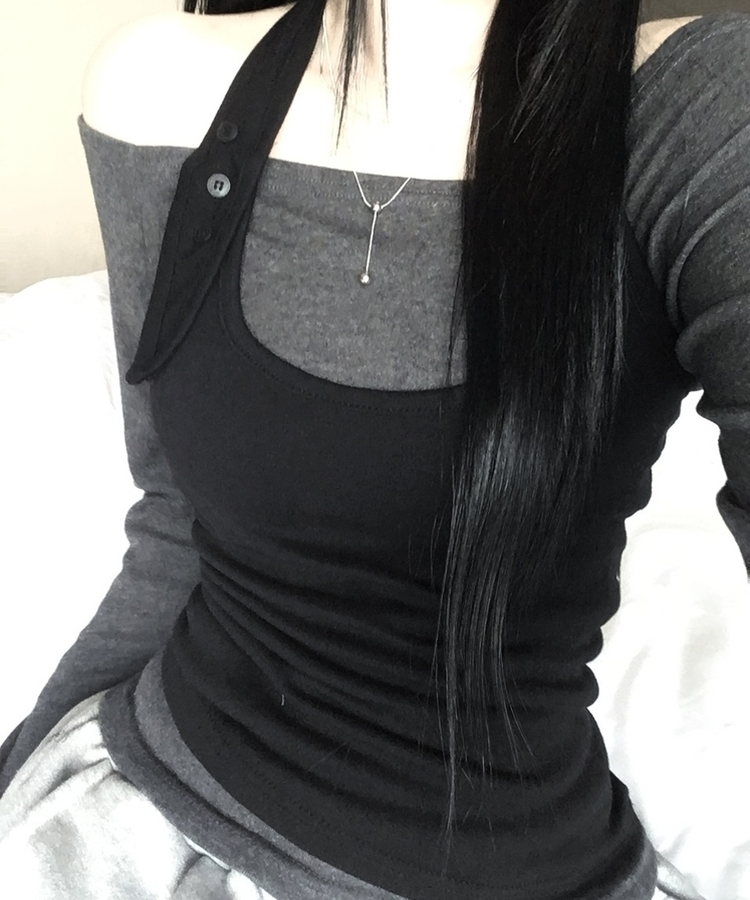 【SET】ボタンホルターキャミソール オフ長袖Tシャツ BLACK+CHARCOAL