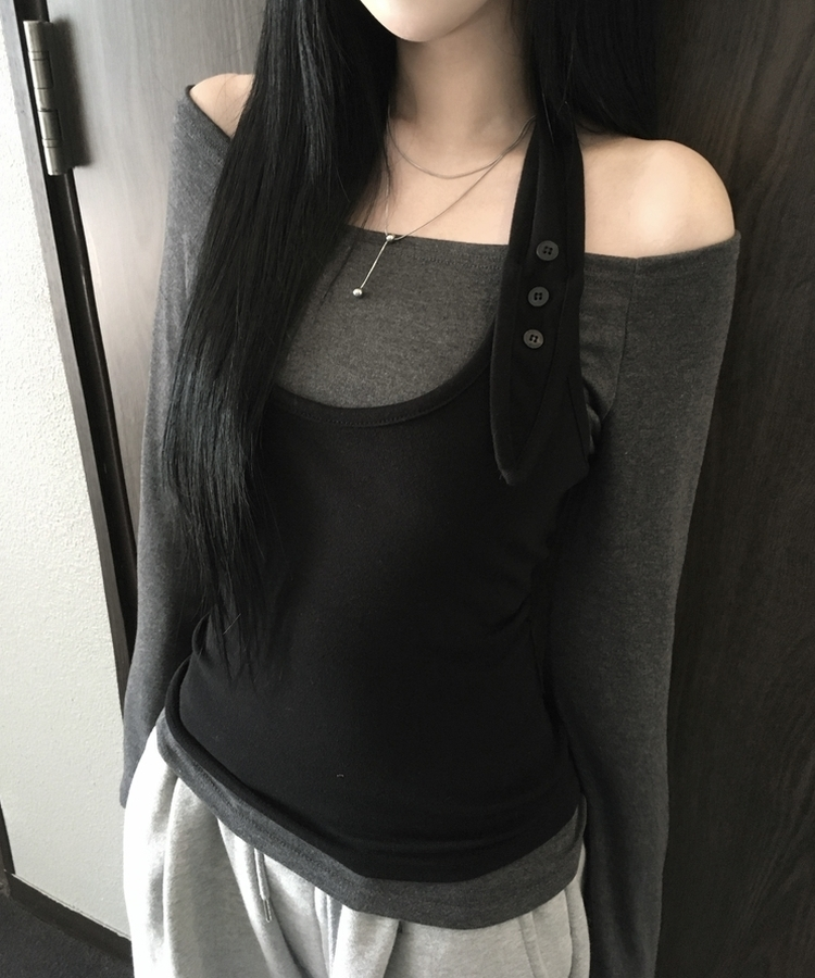 【SET】ボタンホルターキャミソール オフ長袖Tシャツ BLACK+CHARCOAL