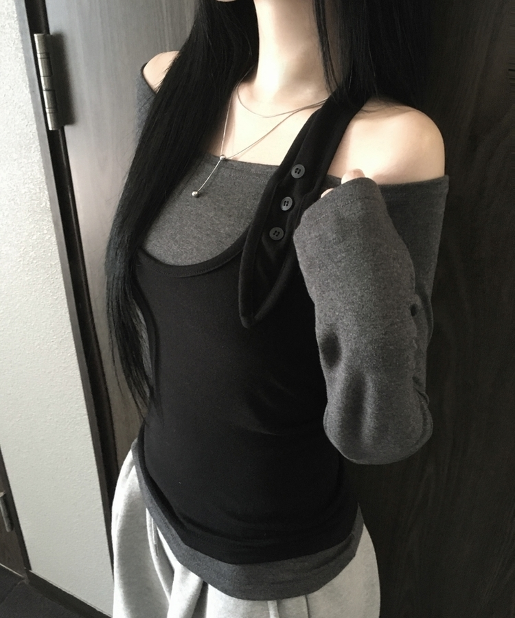 【SET】ボタンホルターキャミソール オフ長袖Tシャツ BLACK+CHARCOAL