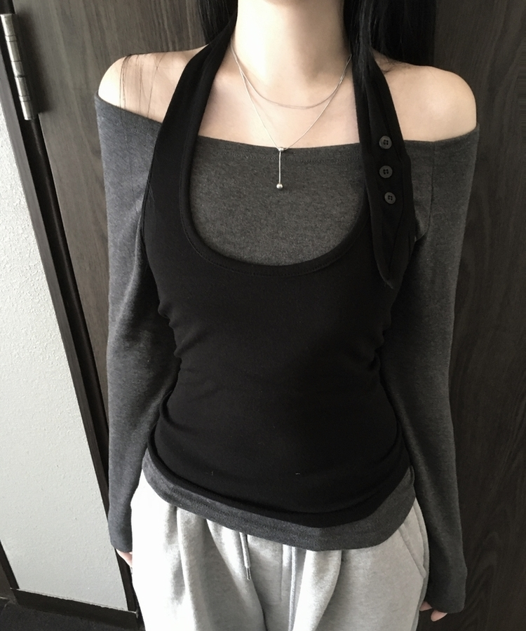 【SET】ボタンホルターキャミソール オフ長袖Tシャツ BLACK+CHARCOAL