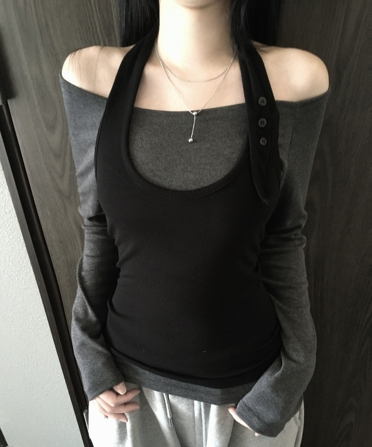 【SET】ボタンホルターキャミソール オフ長袖Tシャツ BLACK+CHARCOAL