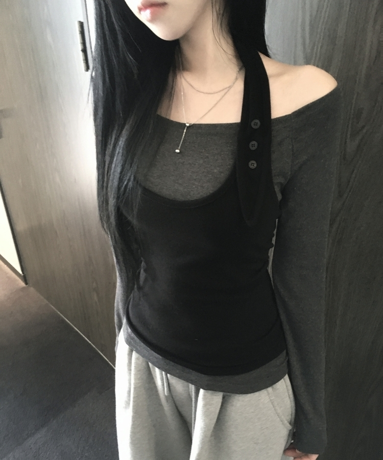 【SET】ボタンホルターキャミソール オフ長袖Tシャツ BLACK+CHARCOAL