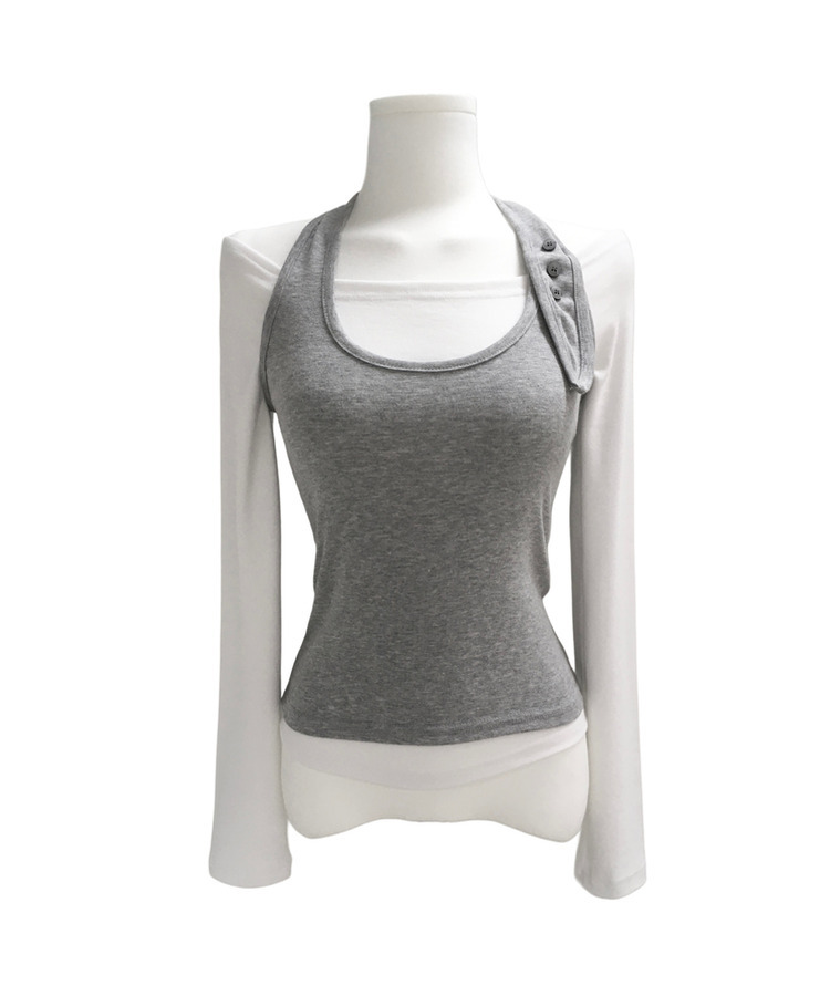 【SET】ボタンホルターキャミソール オフ長袖Tシャツ