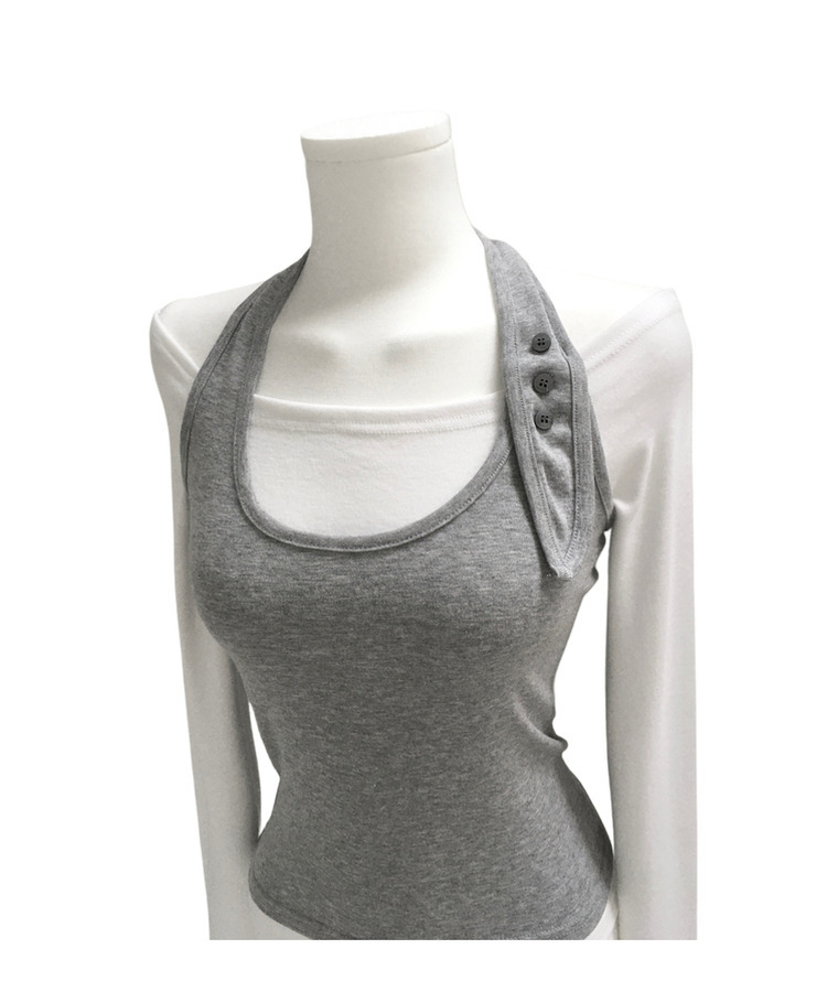 【SET】ボタンホルターキャミソール オフ長袖Tシャツ