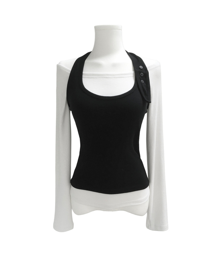 【SET】ボタンホルターキャミソール オフ長袖Tシャツ