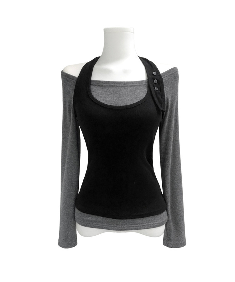 【SET】ボタンホルターキャミソール オフ長袖Tシャツ