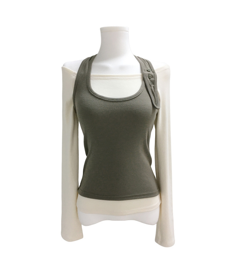 【SET】ボタンホルターキャミソール オフ長袖Tシャツ