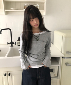 バイカラーシアリング長袖Tシャツ GREY