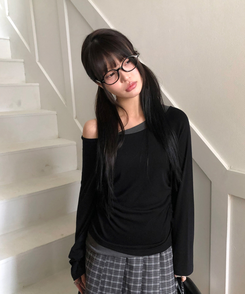 バイカラーシアリング長袖Tシャツ BLACK