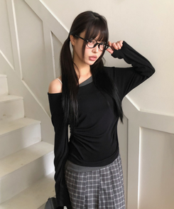 バイカラーシアリング長袖Tシャツ BLACK