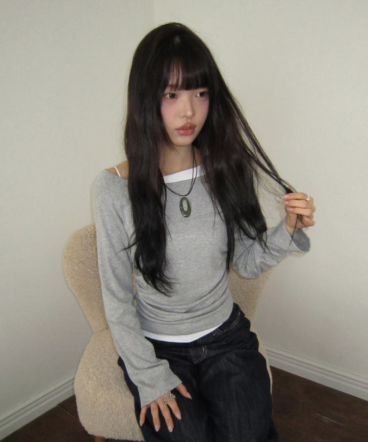 バイカラーシアリング長袖Tシャツ GREY